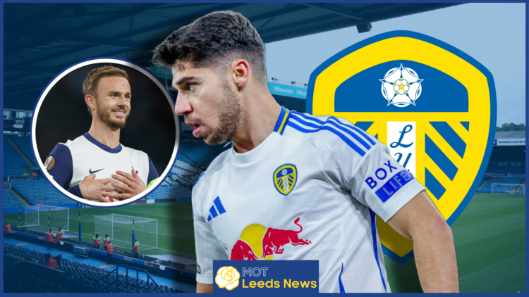 Manor Solomon, James Maddison in inset, Leeds United badge