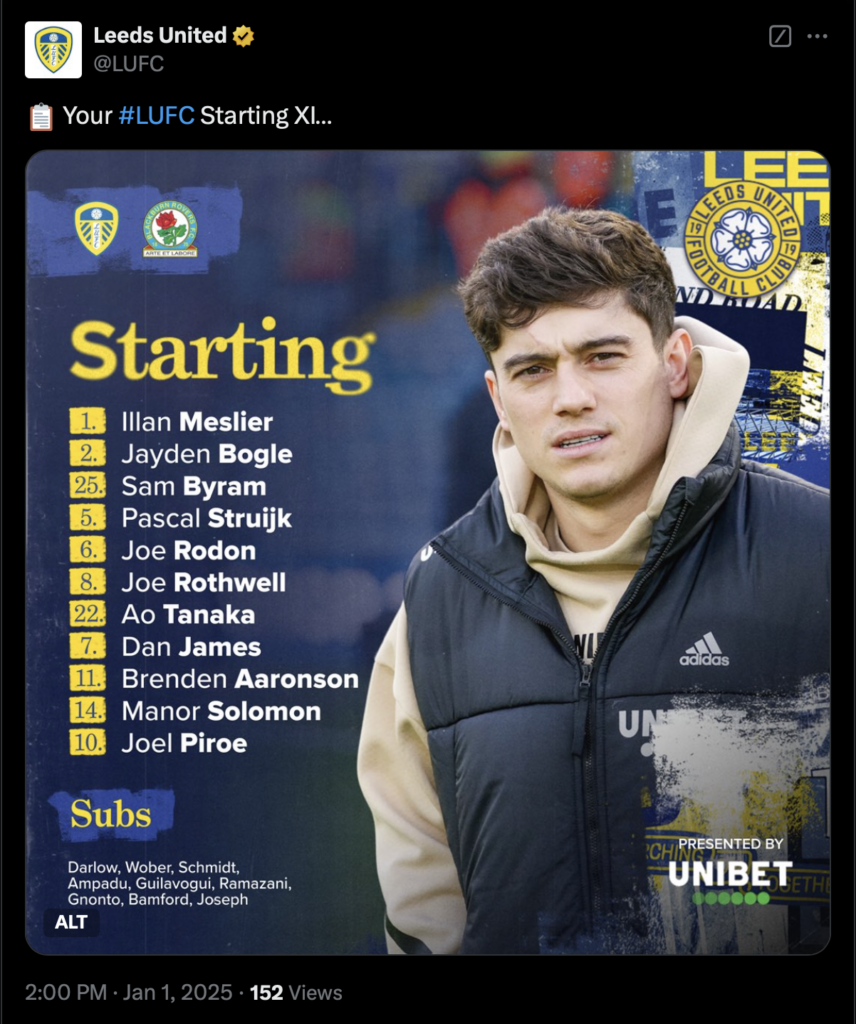 Leeds United starting XI v Blackburn Rovers