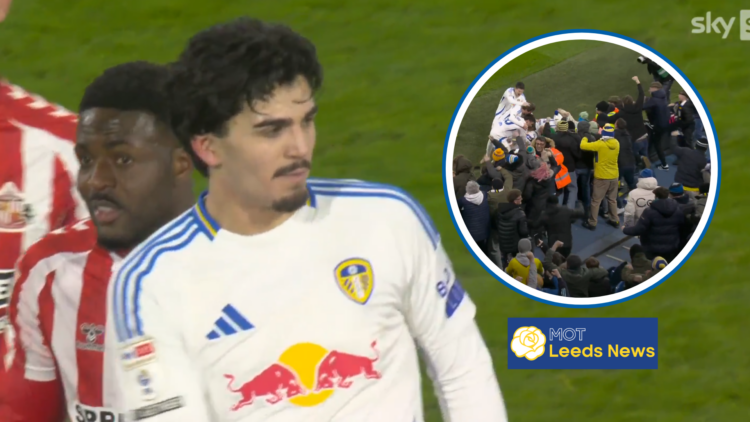 Pascal Struijk, Leeds United players and fans celebrate after scoring v Sunderland
