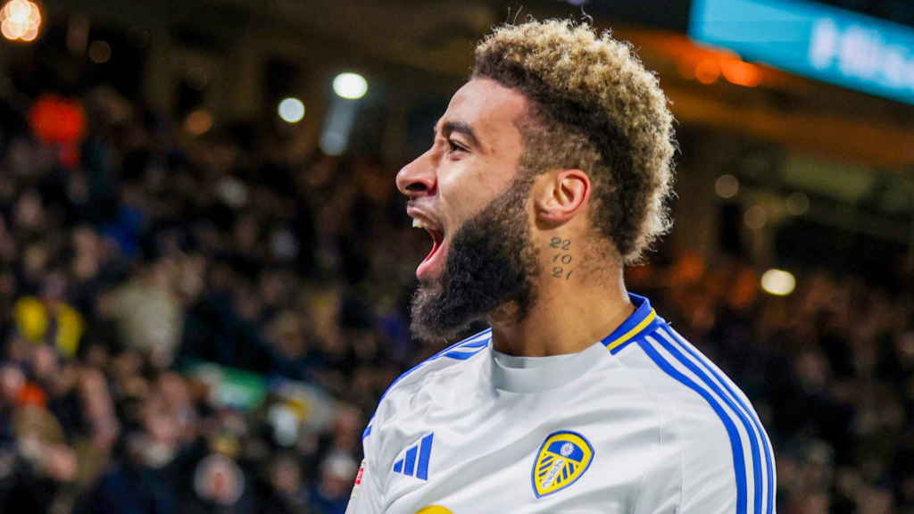 Leeds United star Jayden Bogle celebrating.