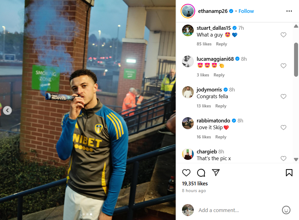 Stuart Dallas reacts to Ethan Ampadu's Instagram post on 21 April.
