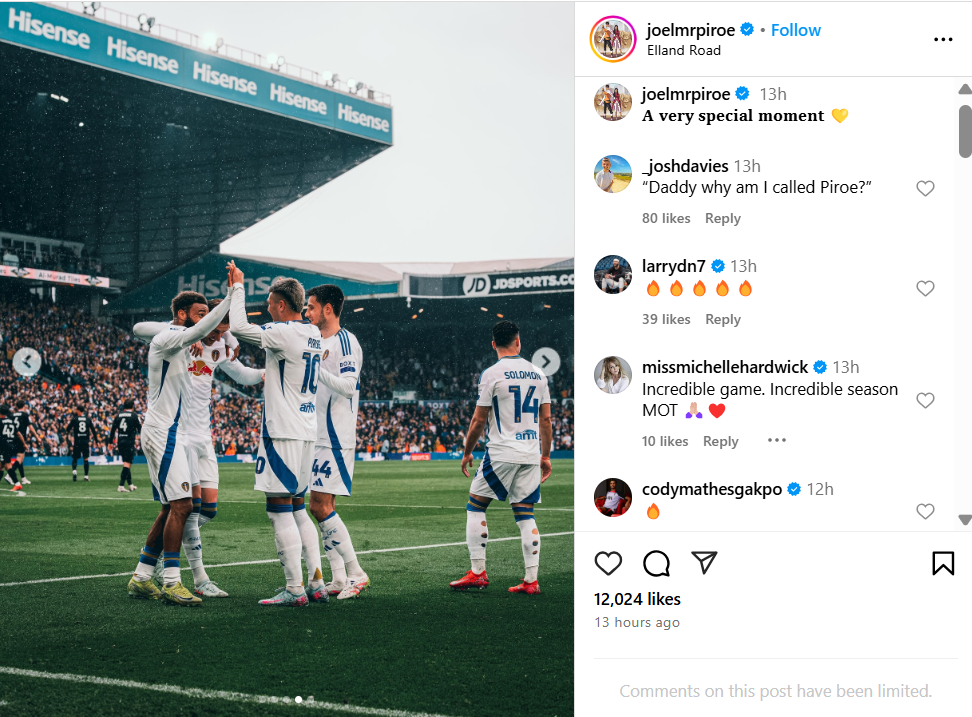 Cody Gakpo reacts to Joel Piroe's Instagram post on 21 April 2025.