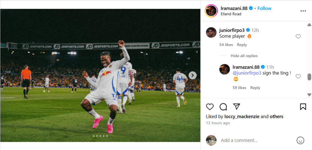 Largie Ramazani responds to Leeds United teammate Junior Firpo's comment on Instagram.