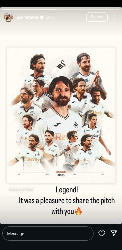Leeds United player Joel Piroe reacts to Joe Allen's imminent departure from Swansea City on Instagram.