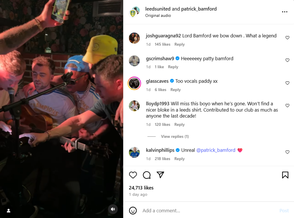 Kalvin Phillips reacts to Patrick Bamford playing the guitar during Leeds United's Championship-winning celebration party on Instagram.