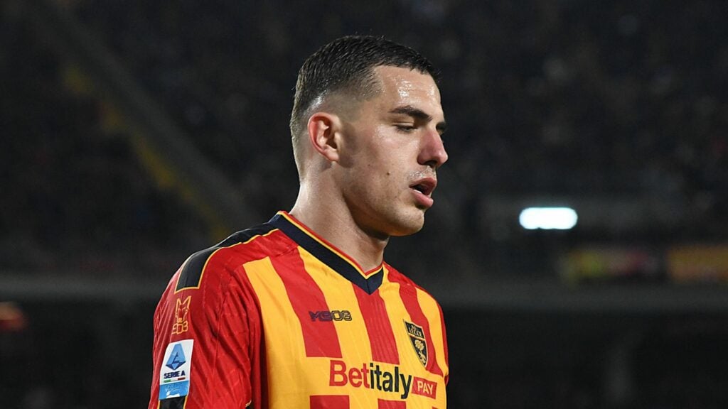Leeds-linked striker Nikola Krstovic in action for Lecce.