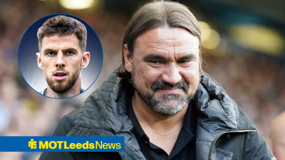 Leeds United boss Daniel Farke smiling on the touchline next his midfielder Anton Stach in a circular inset