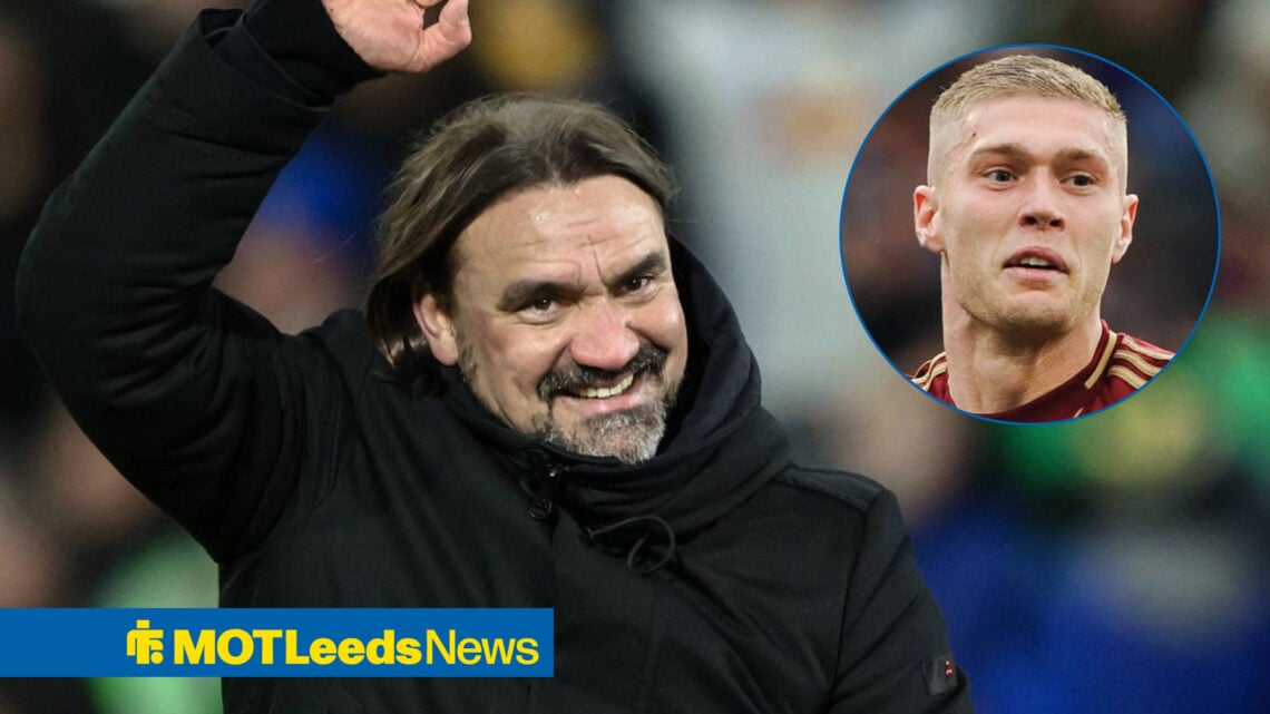 Leeds United manager Daniel Farke punches the air as Roma's Artem Dovbyk celebrates a goal.