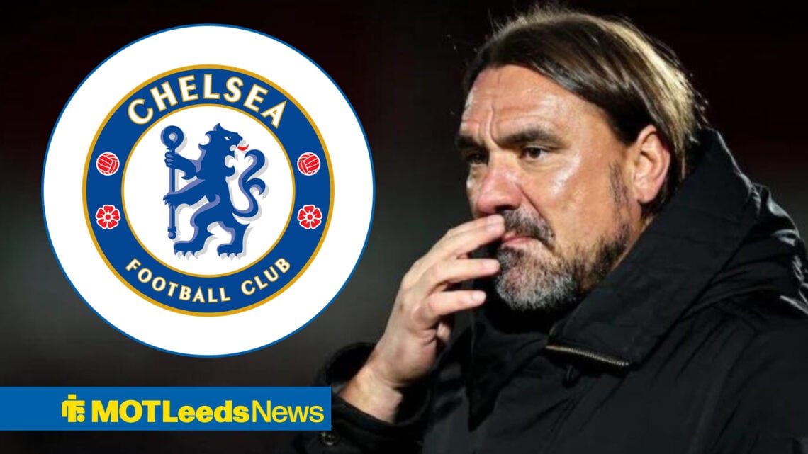 Daniel Farke ponders, with a Chelsea badge in a circular frame