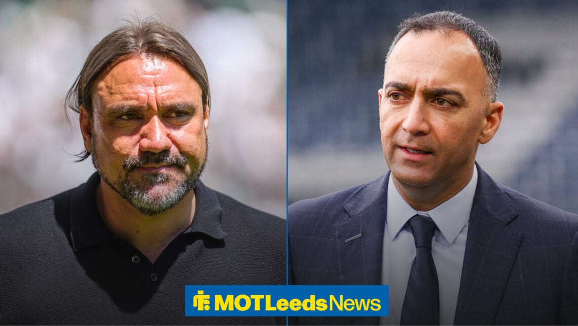Leeds United manager Daniel Farke glances over at chairman Paraag Marathe.