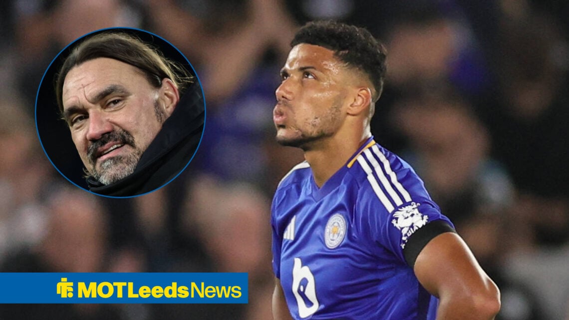 Leeds United manager Daniel Farke in circular inset and Leicester City defender James Justin