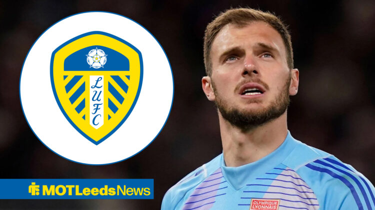 Lucas Perri in action for Ligue 1 side Lyon, Leeds United badge