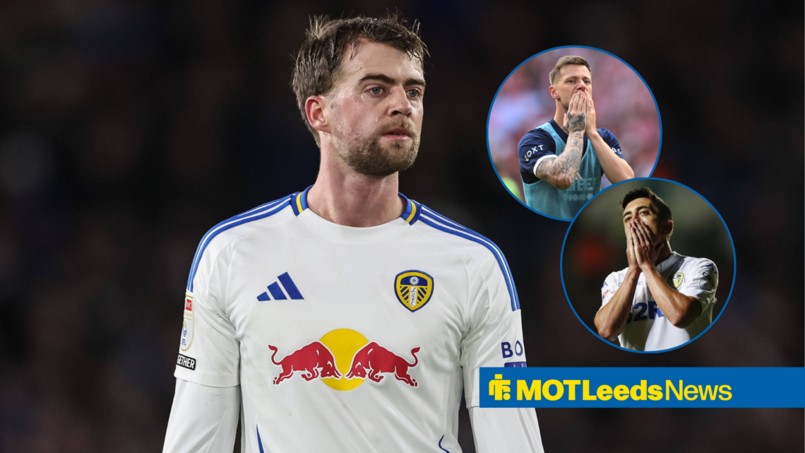 Patrick Bamford with Pablo Hernandez and Liam Cooper looking shocked in the circles