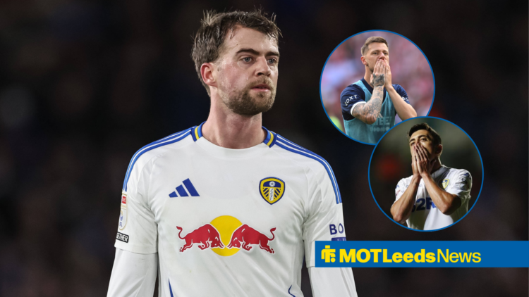 Patrick Bamford with Pablo Hernandez and Liam Cooper looking shocked in the circles