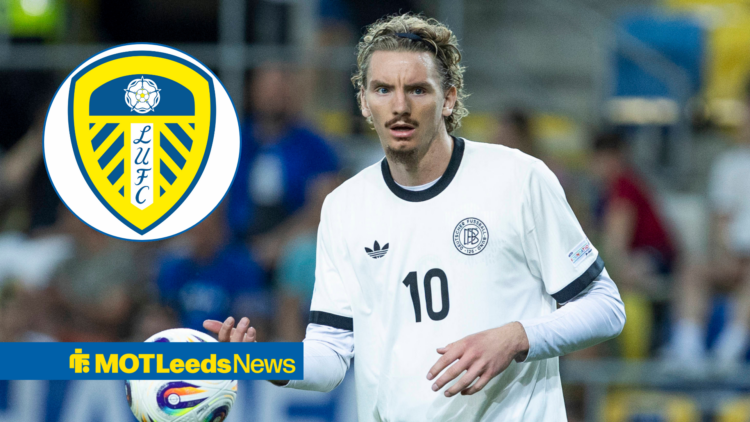 Nick Woltemade in action for Germany, with Leeds Badge in circular inset