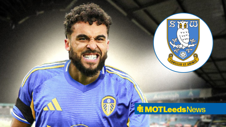 Dominic Calvert-Lewin looking frustrated in a Leeds United shirt next to a Sheffield Wednesday badge