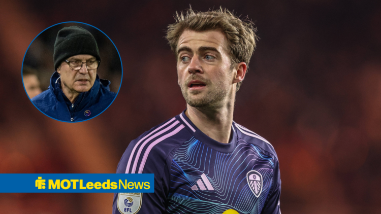 Patrick Bamford looking towards Marcelo Bielsa in circle
