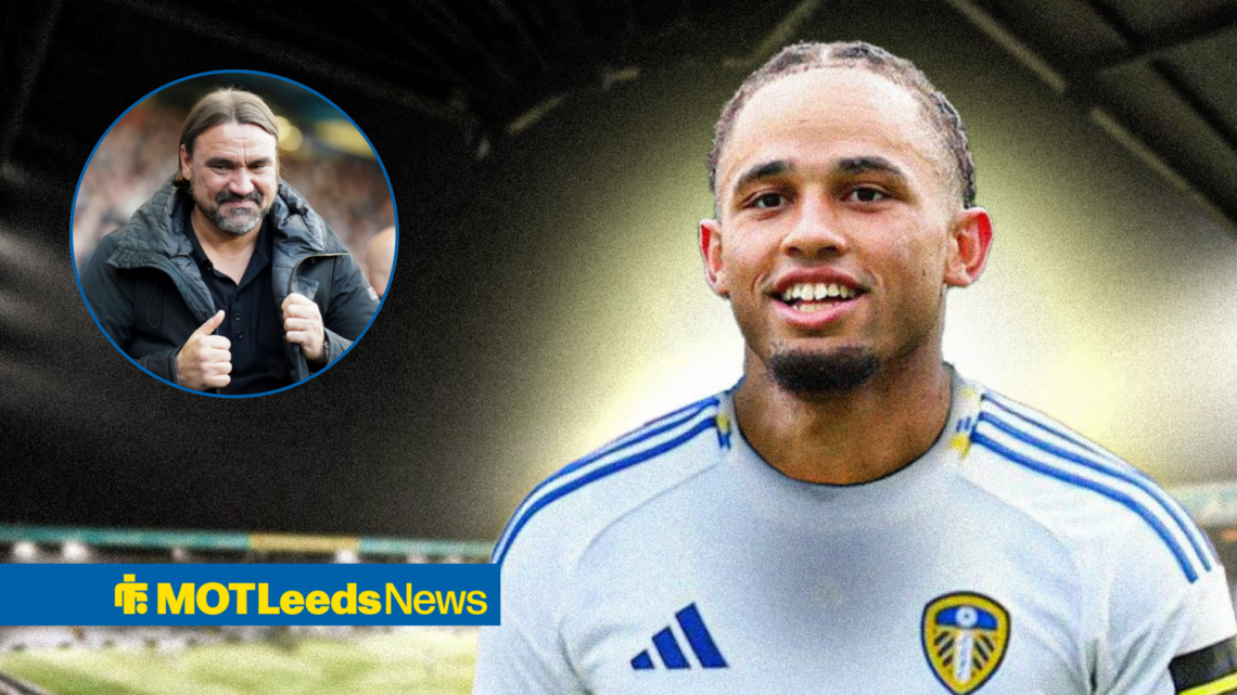 Noah Okafor in Leeds shirt with Daniel Farke in circular frame