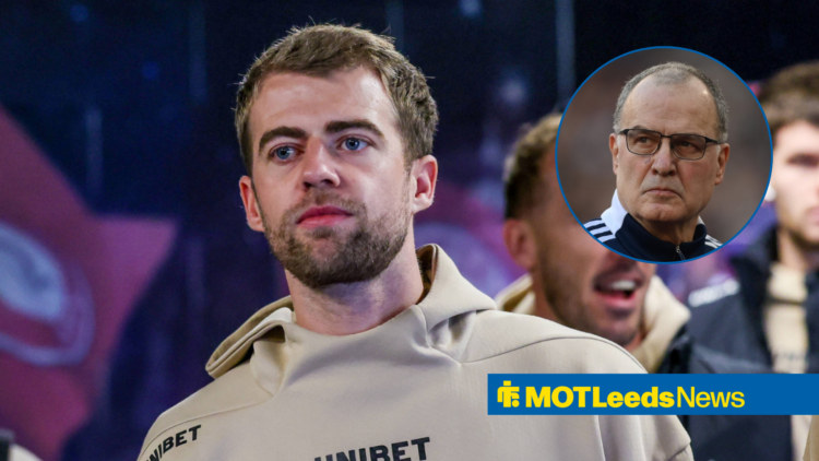 Patrick Bamford pre-game in a hoodie, Marcelo Bielsa watches on in a circular inset.