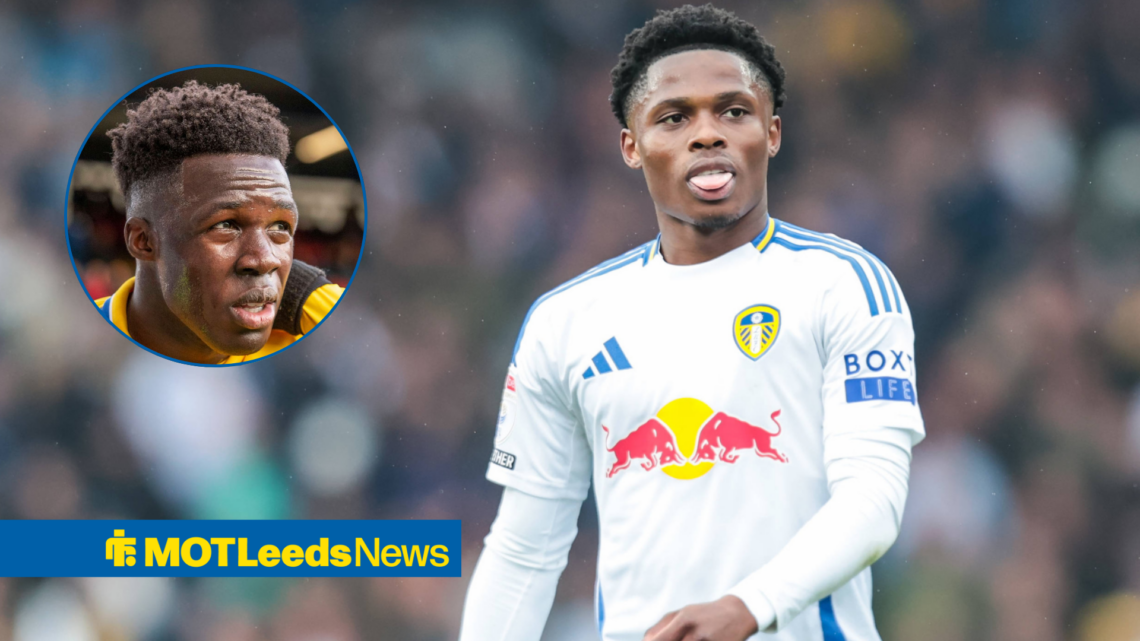 Willy Gnonto looking confused in a circular inset, Largie Ramazani in action for Leeds United.