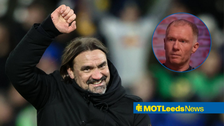 Daniel Farke raising his arm and smiling, Paul Scholes in a circular inset.