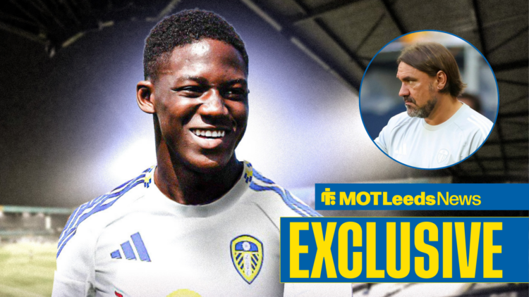 Kobbie Mainoo in Leeds shirt with Daniel Farke in circular frame