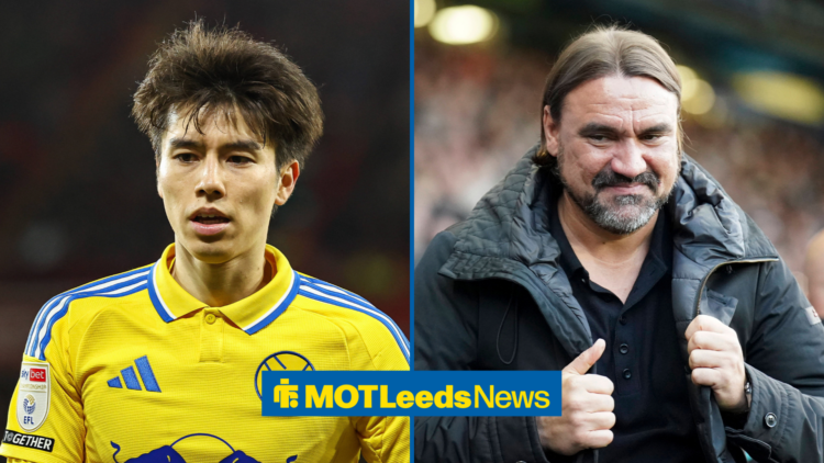 Leeds midfielder Ao Tanaka next to manager Daniel Farke in a split image