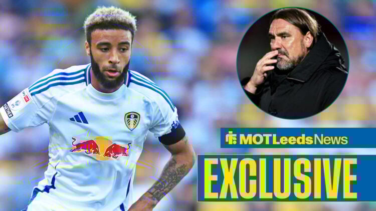 Jayden Bogle playing for Leeds last season with Daniel Farke in circular frame