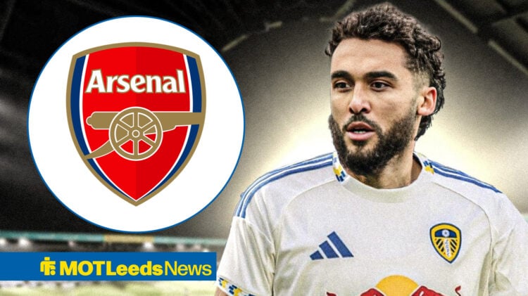Dominic Calvert-Lewin in Leeds shirt with Arsenal badge in circular frame inset