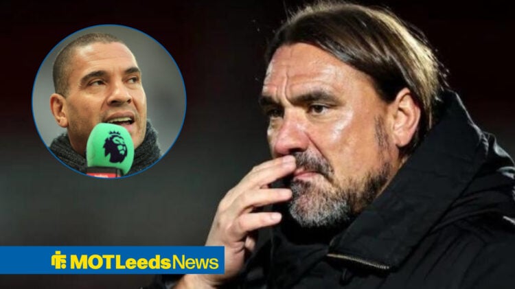 Stan Collymore in a circular inset next to Leeds United boss Daniel Farke