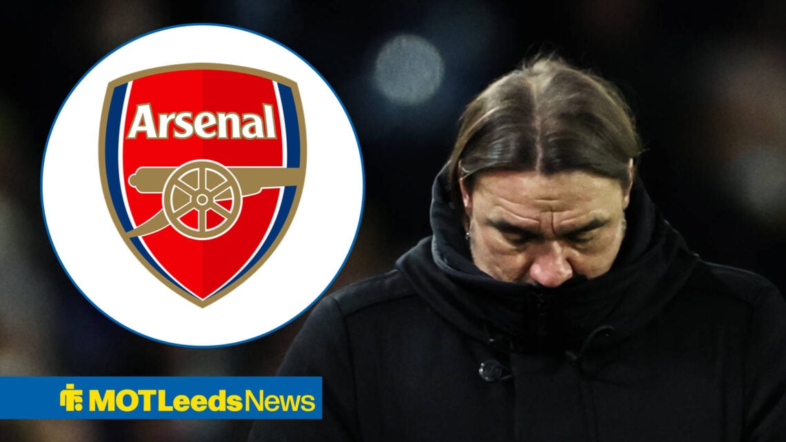 Leeds manager Daniel Farke looking downbeat with Arsenal badge insert.