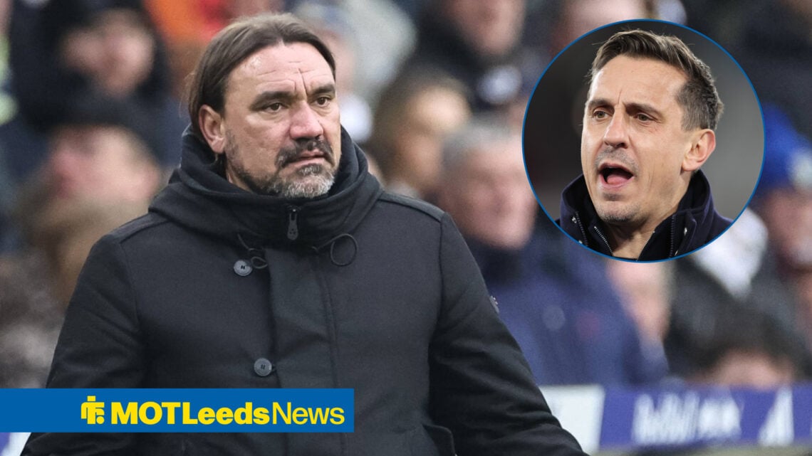 Leeds United manager Daniel Farke looks bemused as Gary Neville looks on.