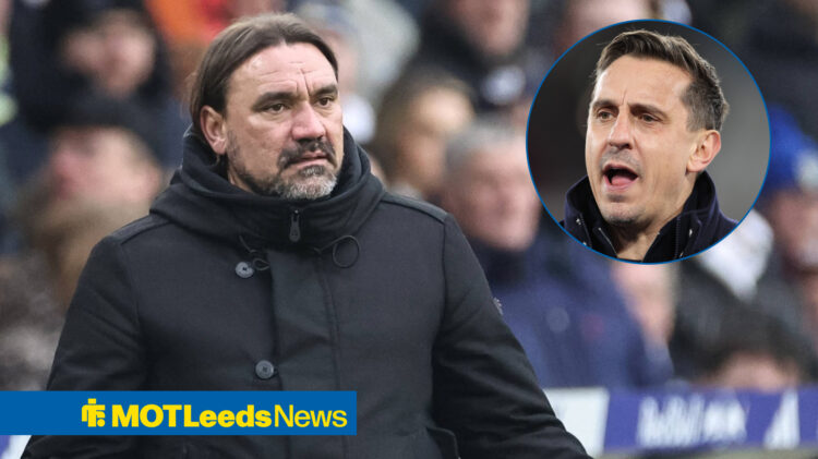 Leeds United manager Daniel Farke looks bemused as Gary Neville looks on.