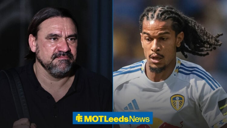 Leeds United manager Daniel Farke stares at defender Isaac Schmidt.