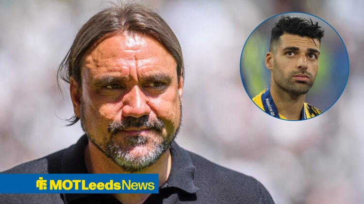 Leeds United manager Daniel Farke glances at transfer target Mehdi Taremi.