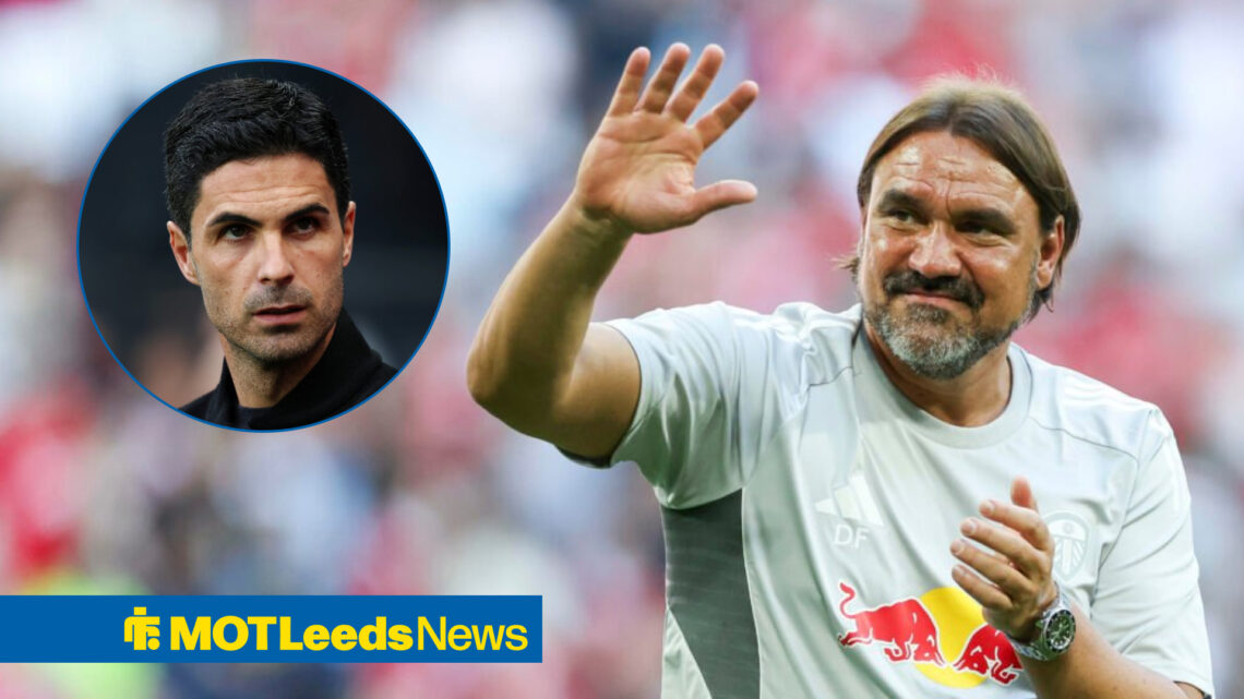 Daniel Farke waves, with Mikel Arteta in a circular frame