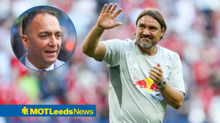 Leeds United manager Daniel Farke waves at Paraag Marathe, who smiles back at him from a circular inset.