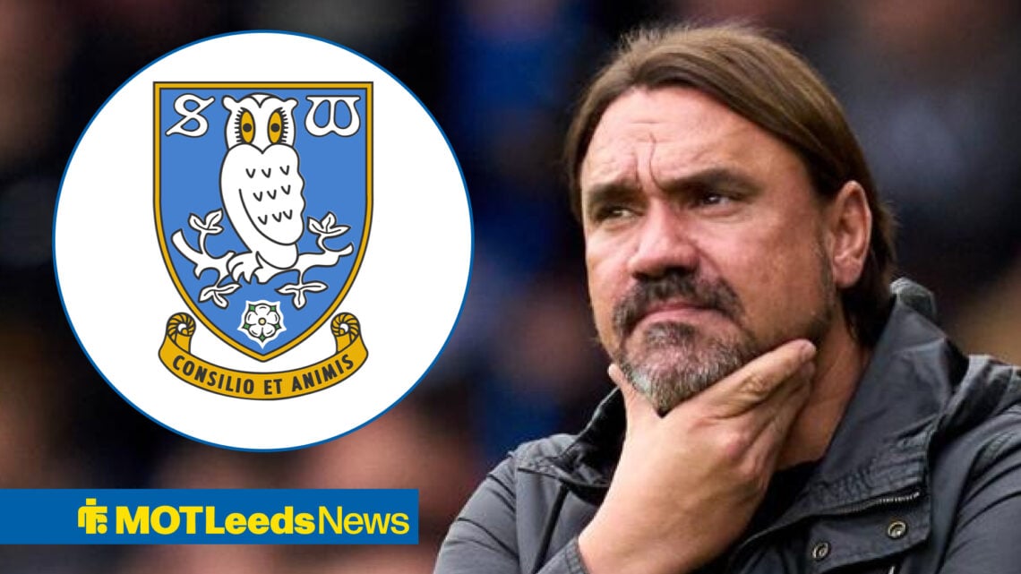 Daniel Farke thinking with Sheffield Wednesday badge in circular inset