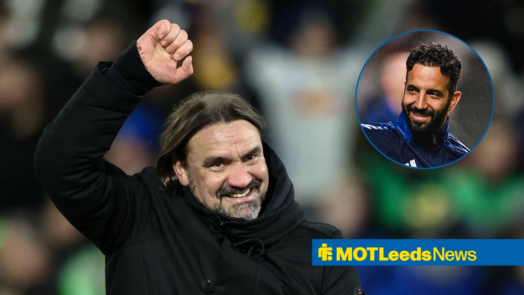 Daniel Farke fist pumping the air smiling and Ruben Amorim in circular inset