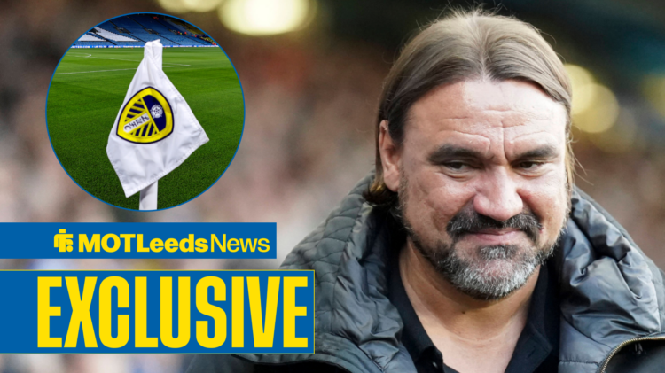 Daniel Farke looking happy, with Elland Road in circle frame