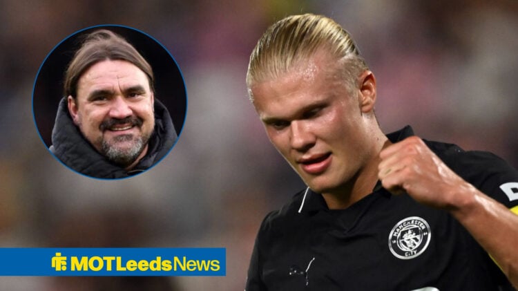 Leeds United manager Daniel Farke in a circle with Manchester City striker Erling Haaland to the right of him.