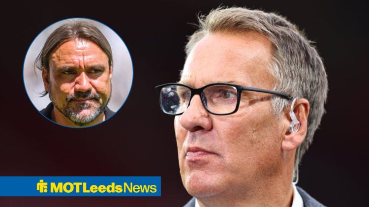 Leeds United manager Daniel Farke looking concerned in a circular inset, Paul Merson looking to his right.
