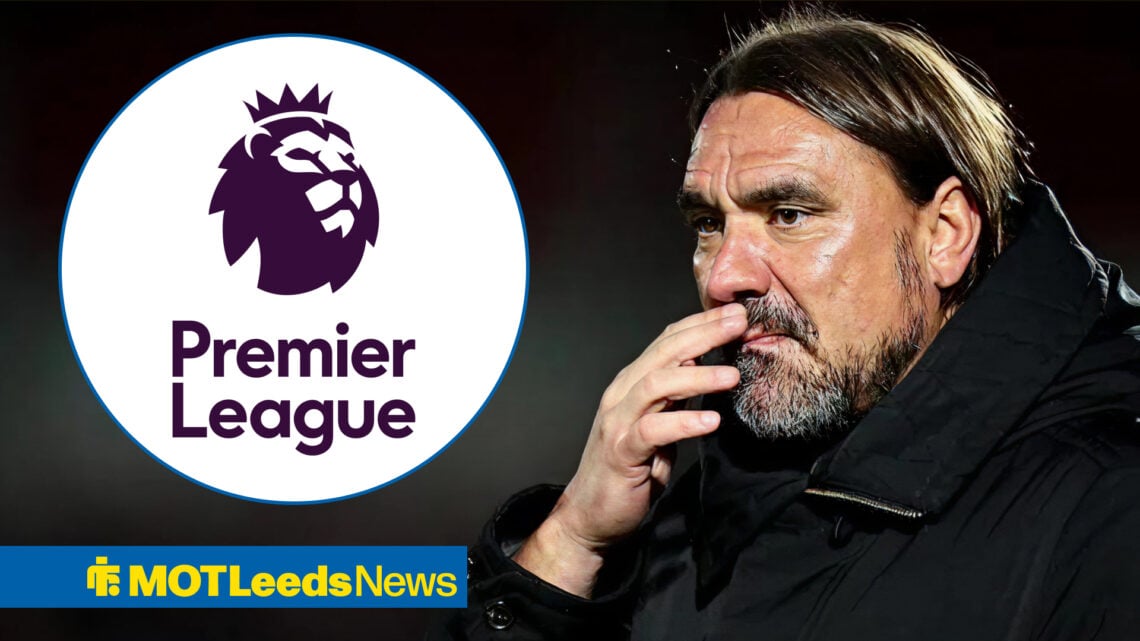 Daniel Farke looking anxiously with Premier League logo