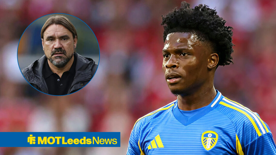 Largie Ramazani playing in Leeds away kit with Daniel Farke looking concerned