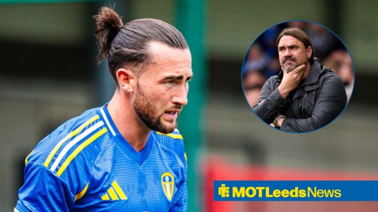 Jack Harrison in Leeds away shirt with Daniel Farke in circle inset