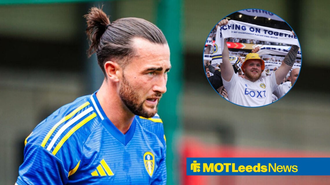 Jack Harrison in action for Leeds United, with Leeds fan holding up a scarf in circle inset