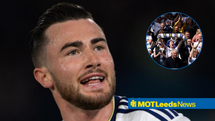 Close up of Jack Harrison in home shirt, with Leeds fans in circular inset