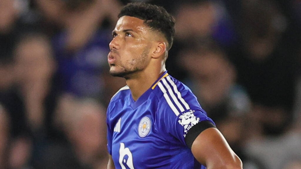 James Justin puffs out his cheeks for Leicester City.