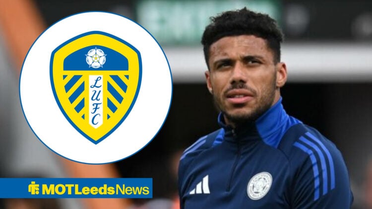 James Justin in action and a Leeds United badge.