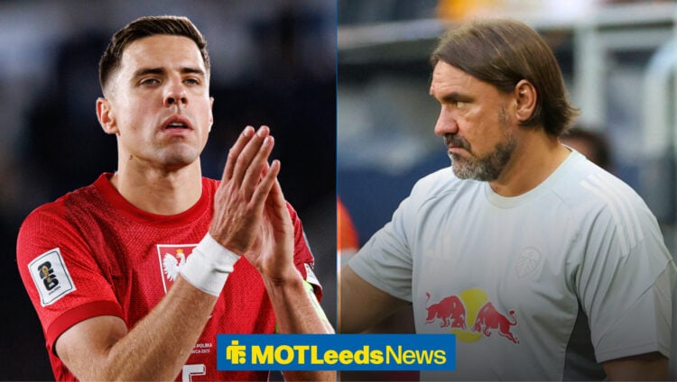 Porto defender Jan Bednarek applauds as Leeds United manager Daniel Farke watches on.